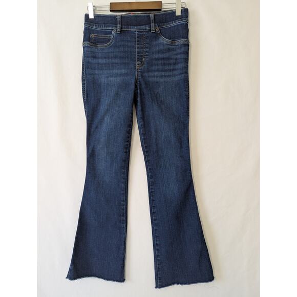 Spanx Flare Jeans Pull-on Denim‎ Stretch Size Small Raw Hem Dark Blue Midnight - Picture 1 of 9